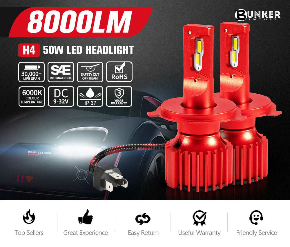 BUNKER INDUST H4 LED Headlight Kit 50W 8000LM Globe Bulbs High Or Low Beam White