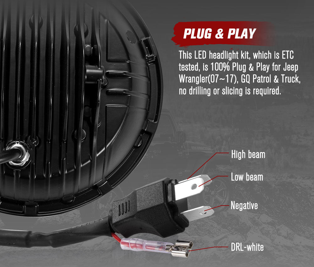 2x 7inch LED Headlights Insert Hi-Lo Beam DRL for Jeep Wrangler Patrol GQ