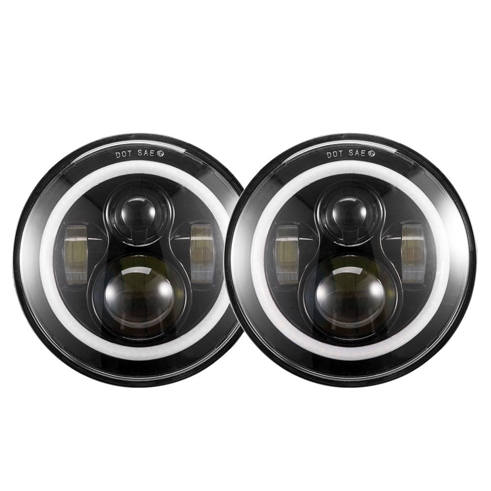 LIGHTFOX Pair 7Inch Angel Eyes LED Headlights for Jeep Wrangler GQ Patrol