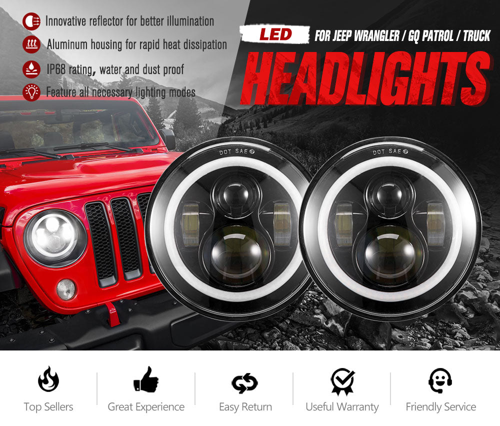 LIGHTFOX Pair 7Inch Angel Eyes LED Headlights for Jeep Wrangler GQ Patrol