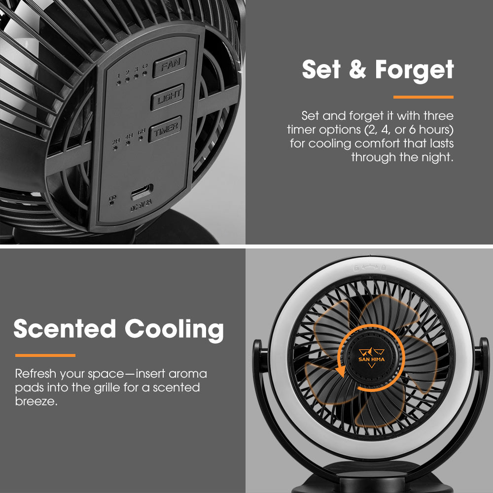 2X San Hima 10000mAh Camping Fan Portable W/ LED Light USB Rechargeable Clip On
