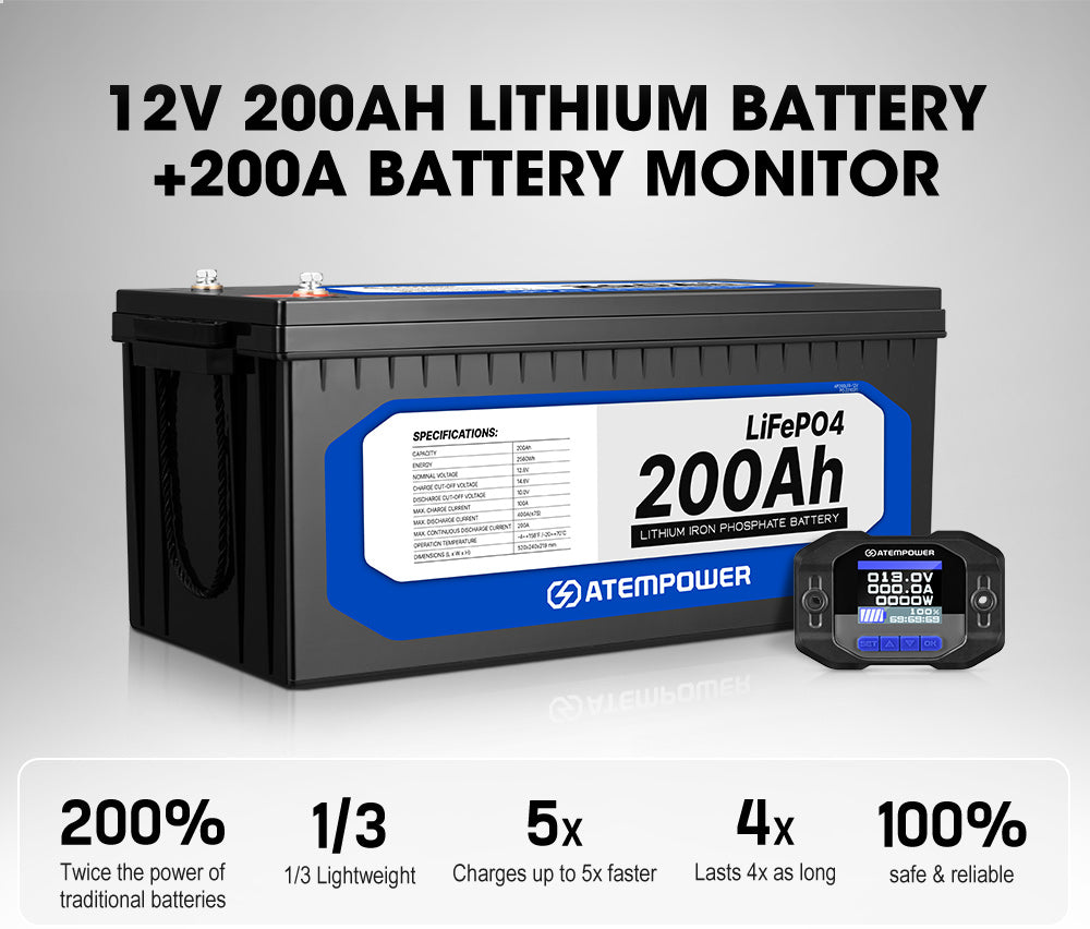 Atem Power 12V 200Ah Lithium Battery LiFePO4 + 200A Battery Monitor w/Shunt