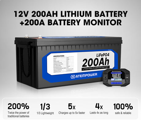 Atem Power 12V 200Ah Lithium Battery LiFePO4 + 200A Battery Monitor w/Shunt