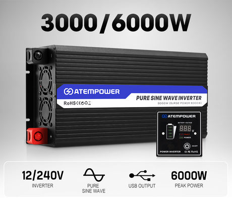 Atem Power Pure Sine Wave Power Inverter 1500W/3000W/6000W 12V to 240V 50HZ AC