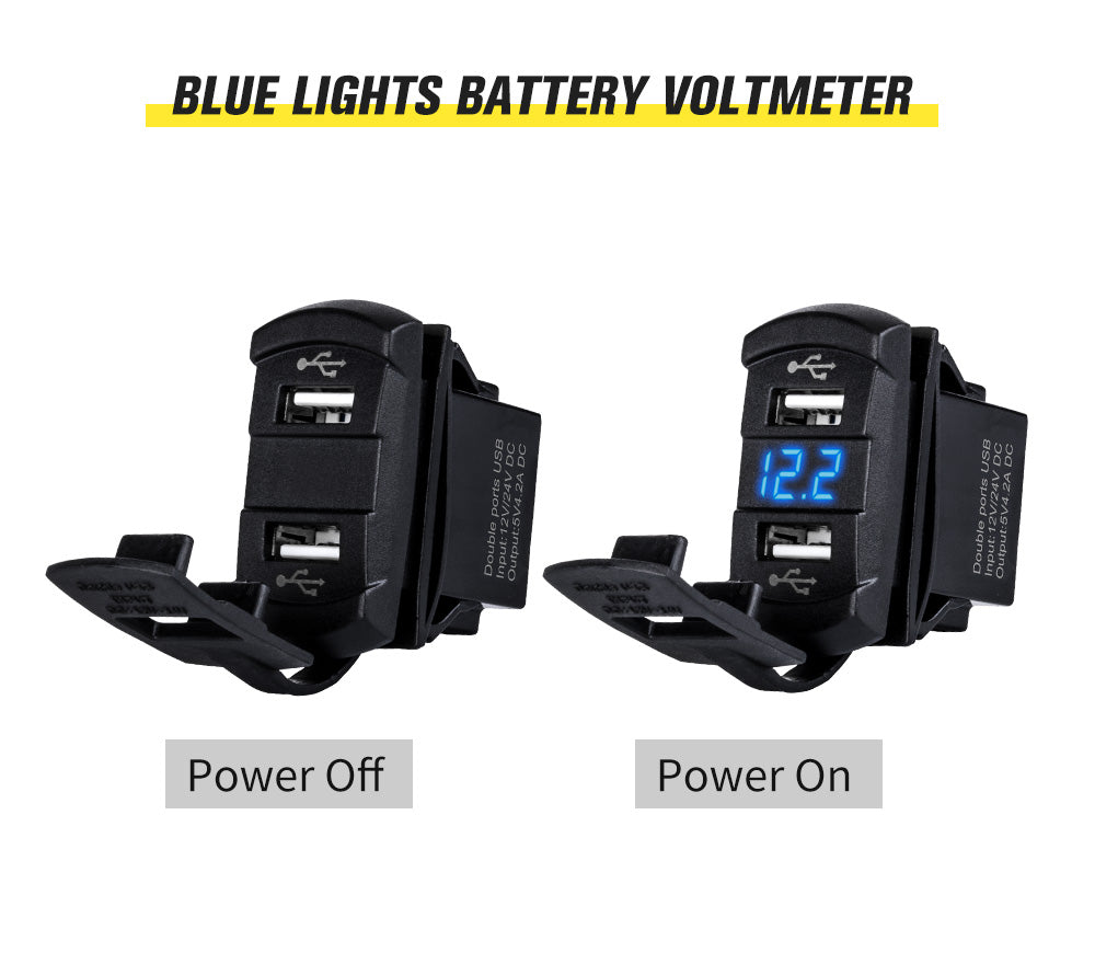 LIGHTFOX Dual Blue USB Car Charger 12-24V Socket For ARB Roker Voltage Voltmeter
