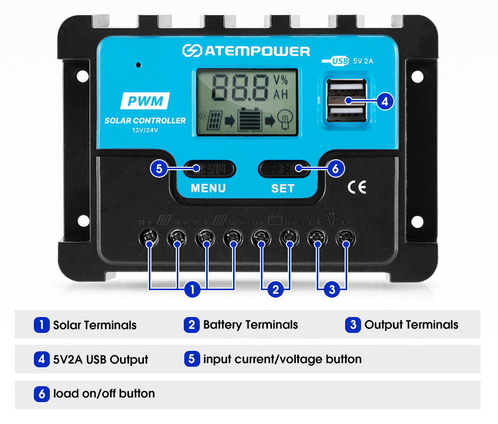 ATEM POWER 20A Solar Charge Controller 12V 24V