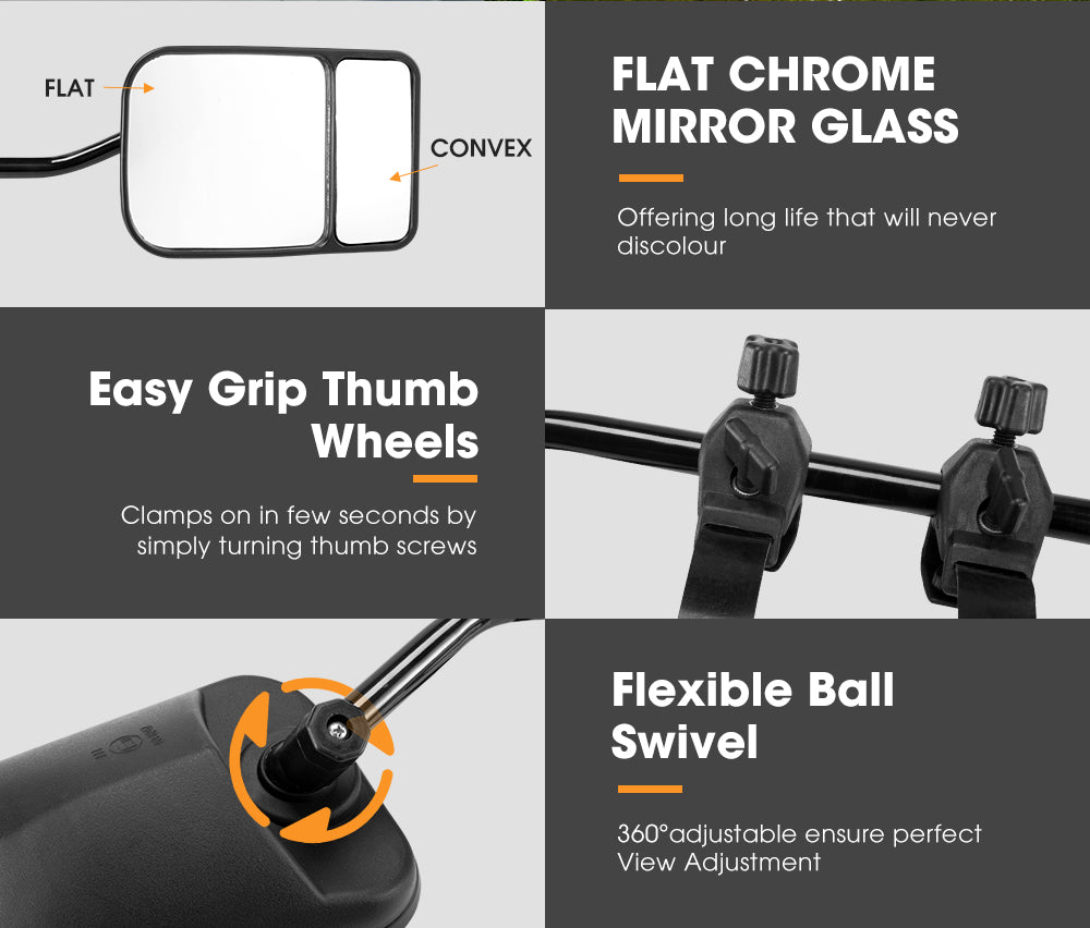 SAN HIMA 2x Towing Mirrors Pair Clip on Multi Fit Clamp On Towing Caravan 4X4 Trailer