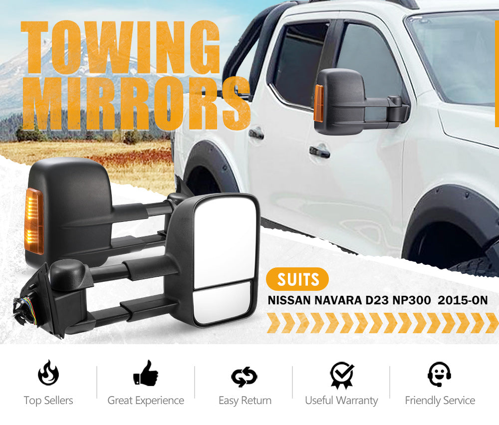 SAN HIMA Extendable Towing Mirrors Pair for Nissan Navara D23 NP300 2015-On Black