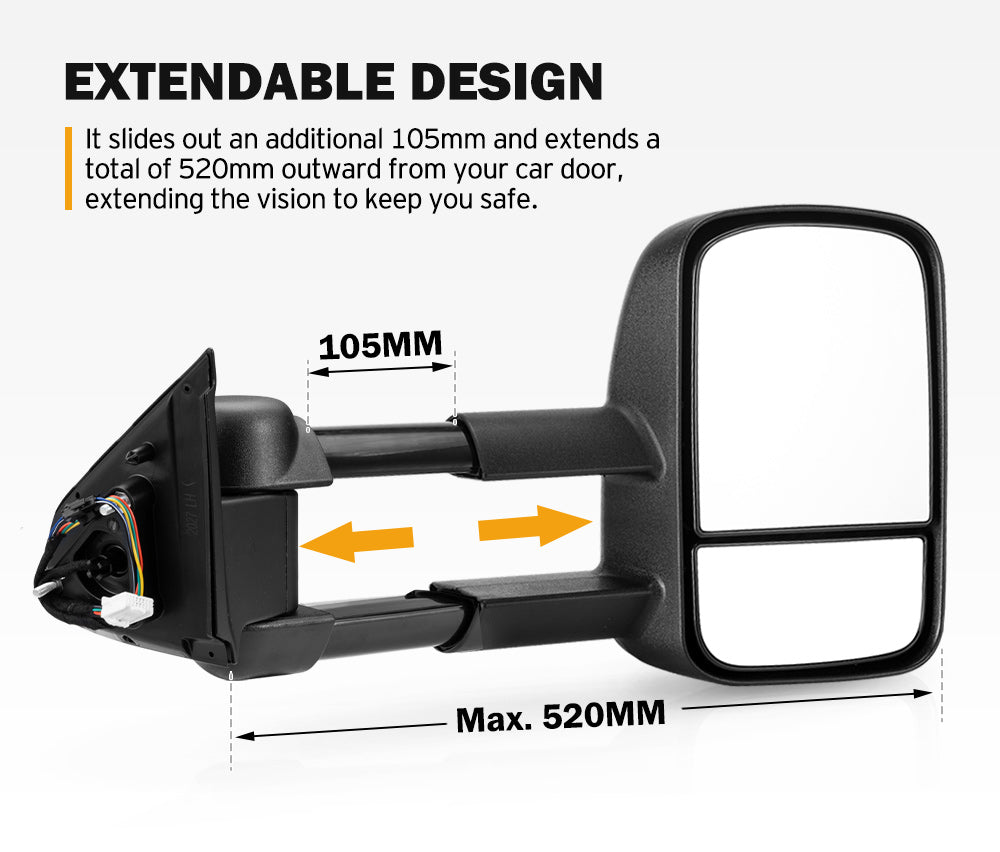 SAN HIMA Extendable Towing Mirrors Pair for Nissan Navara D23 NP300 2015-On Black