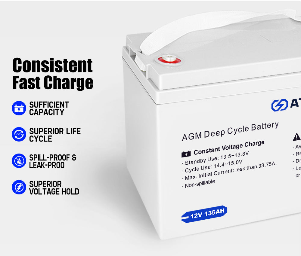 ATEM POWER 12V 135Ah AGM Deep Cycle Battery Portable Sealed Marine SLA Camping + Battery Box
