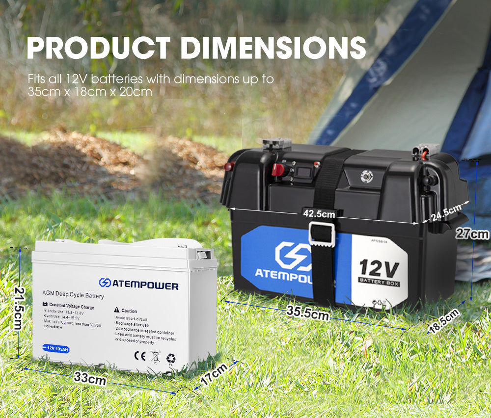 ATEM POWER 12V 135Ah AGM Deep Cycle Battery Portable Sealed Marine SLA Camping + Battery Box