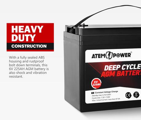 ATEM POWER 225AH 6V AGM Deep Cycle Battery Golf Cart Buggy Camping Scooter Solar Battery