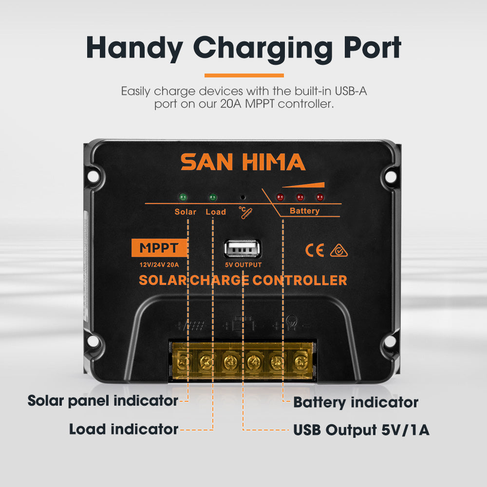 San Hima 20A MPPT Solar Charge Controller With Cable 12V/24V Regulator USB
