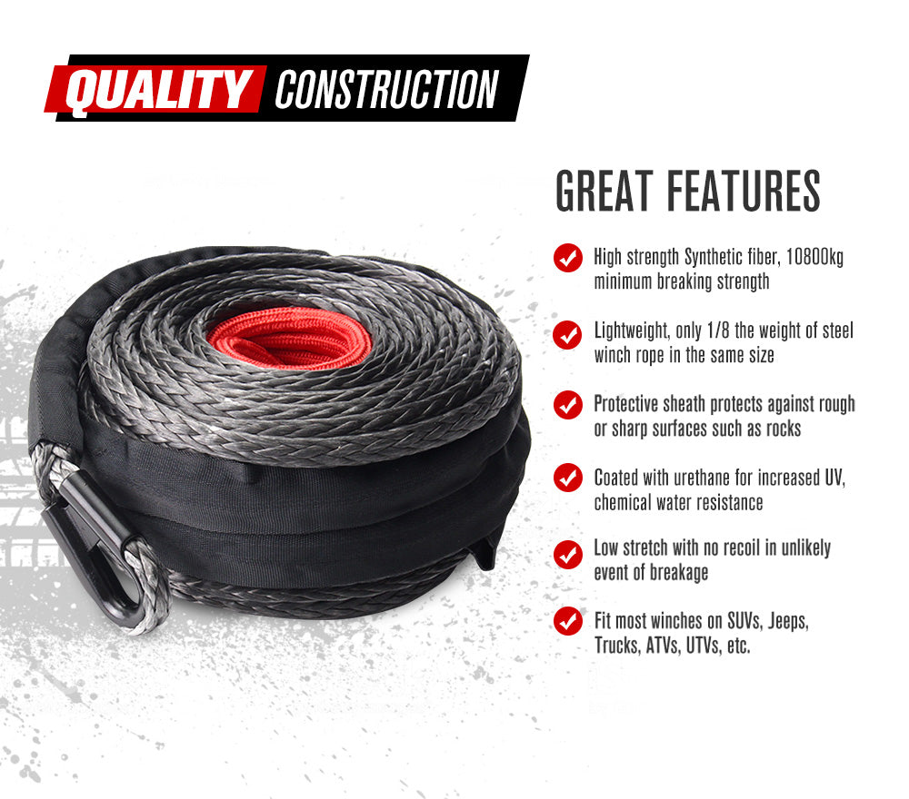 Fieryred 10MM x 30M Synthetic Winch Rope Dyneema SK75 Tow Recovery Rope Offroad 4WD