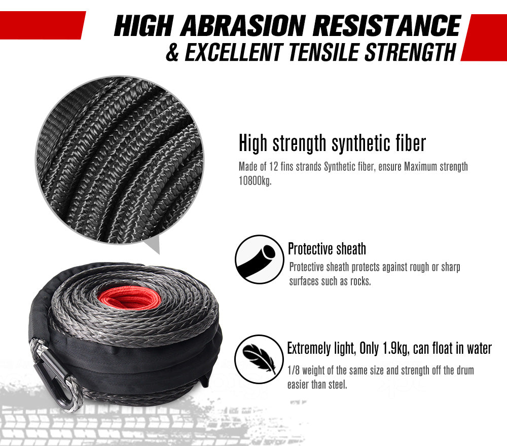 Fieryred 10MM x 30M Synthetic Winch Rope Dyneema SK75 Tow Recovery Rope Offroad 4WD