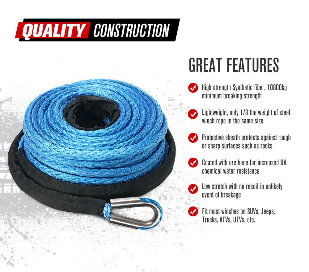 FIERYRED 10MM X 30M Synthetic Winch Rope Dyneema Sk75 Tow Recovery Cable 4WD Car Blue