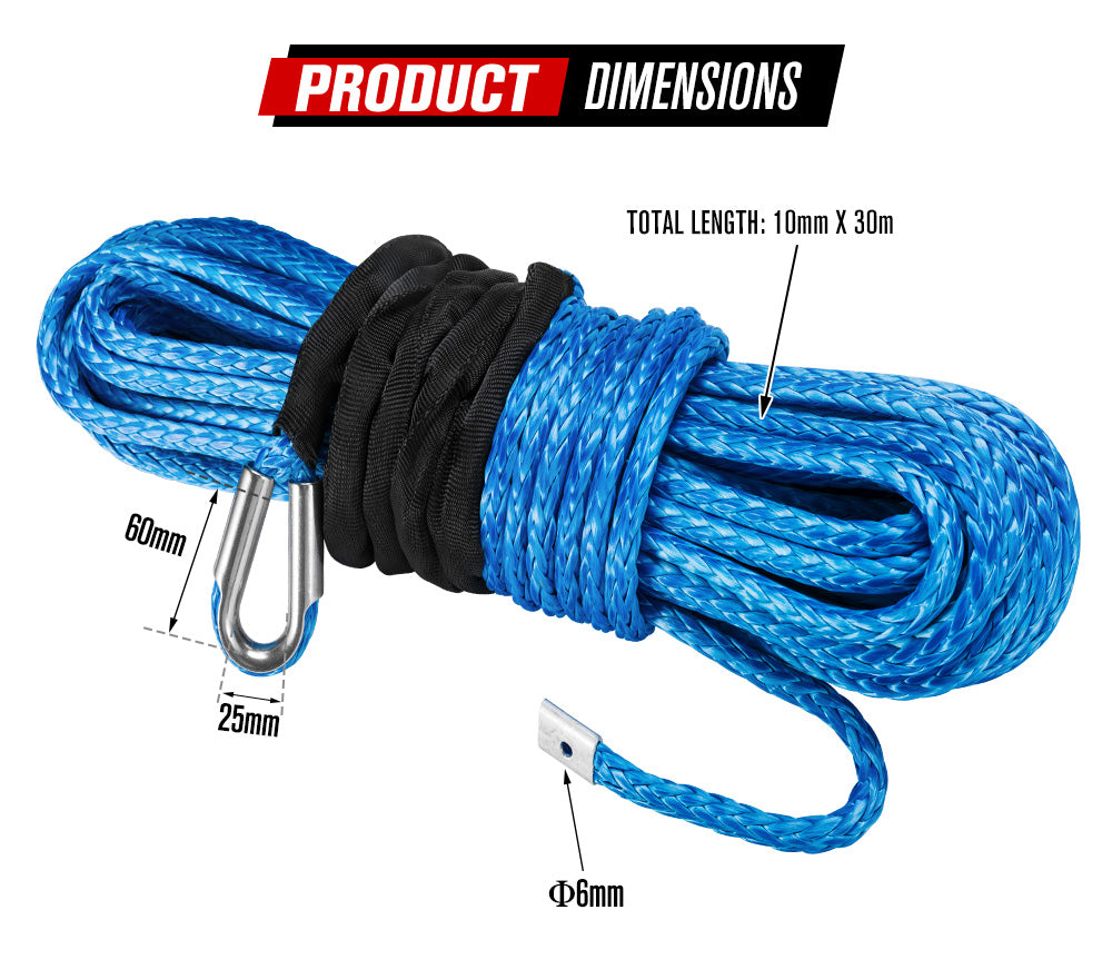 FIERYRED 10MM X 30M Synthetic Winch Rope Dyneema Sk75 Tow Recovery Cable 4WD Car Blue