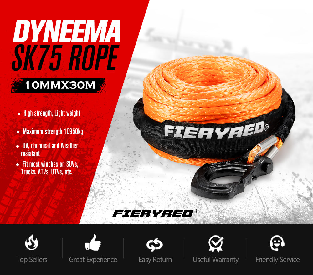 FIERYRED Synthetic Winch Rope 10MM x 30M Dyneema SK75 Tow Recovery Rope Orange 4WD