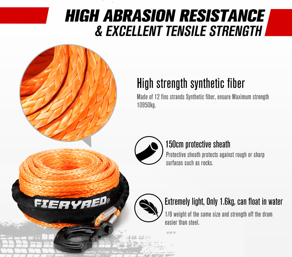 FIERYRED Synthetic Winch Rope 10MM x 30M Dyneema SK75 Tow Recovery Rope Orange 4WD
